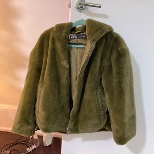 Green Zara furry zip up coat w/ hood
